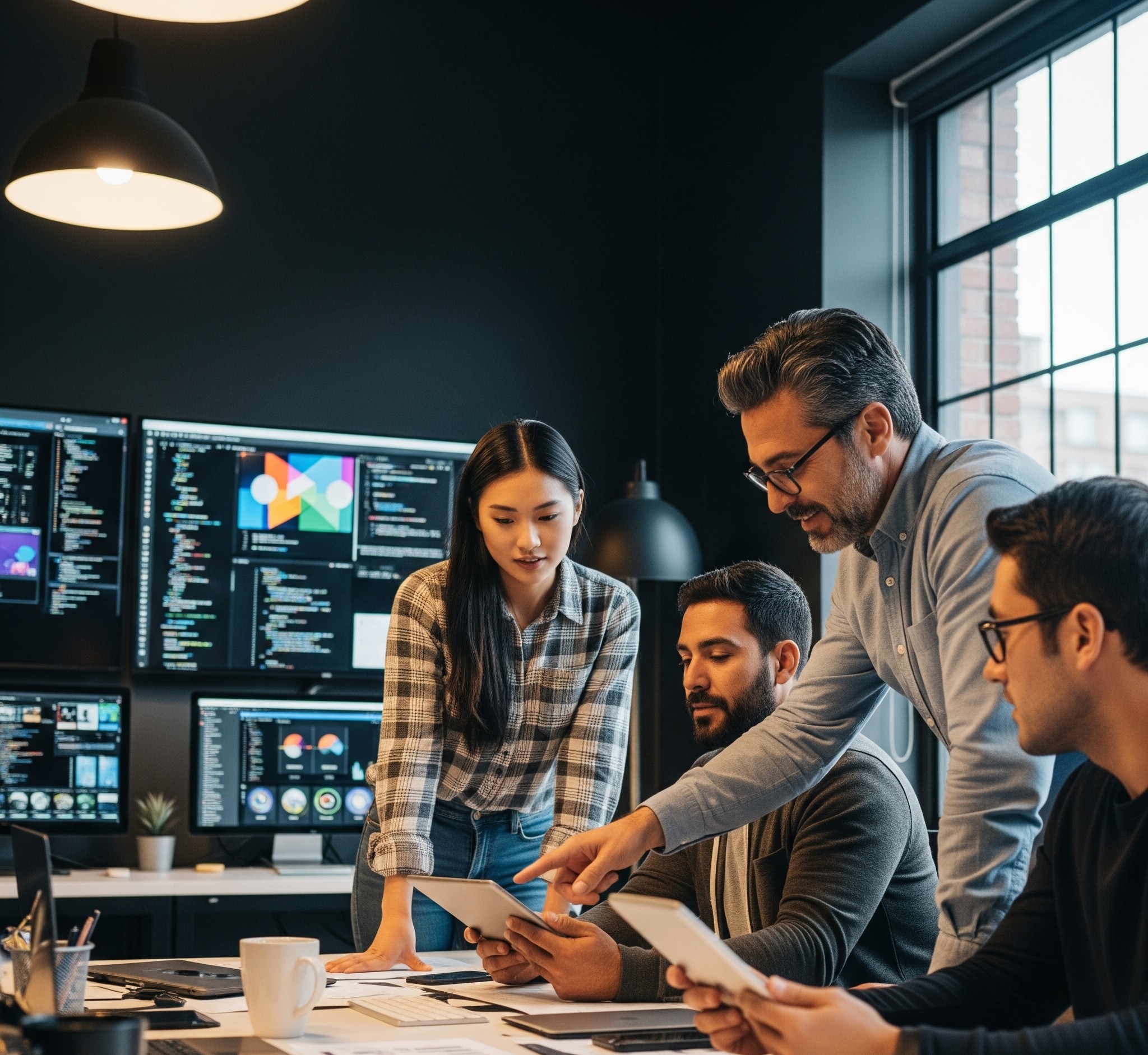 A laptop displaying a design project in a creative studio environment.